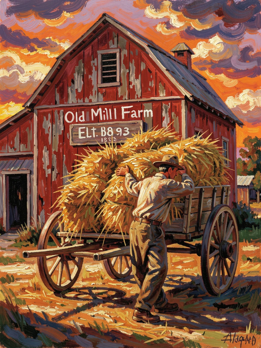 A farmer loading hay bales onto a wagon as the sun sets behind the barn.