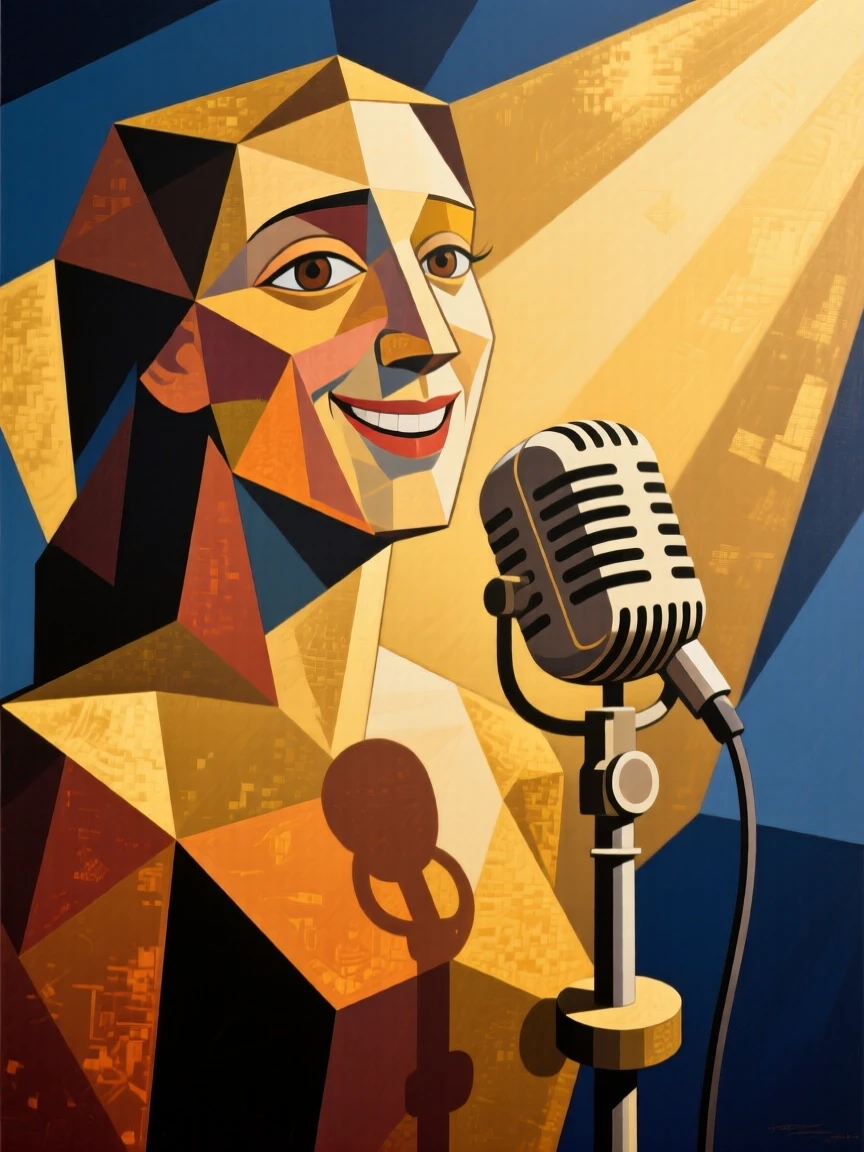 A medium shot of a jazz singer smiling gently in the golden hush of late afternoon.