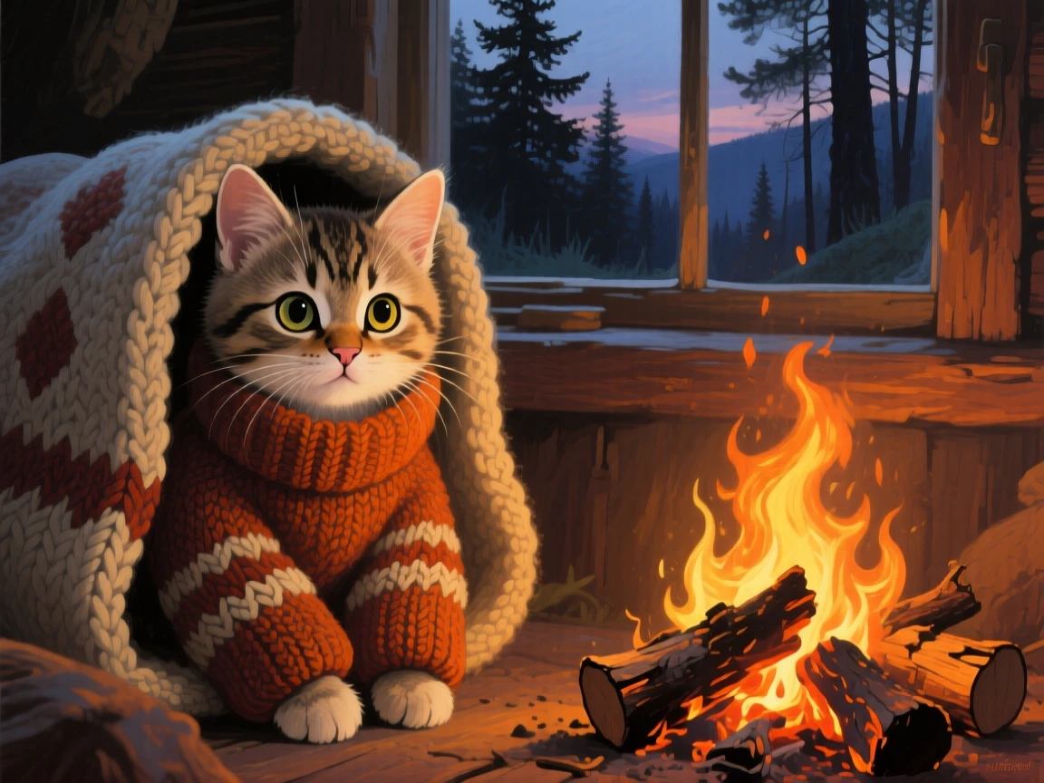A tiny kitten peeks out curiously from inside a knitted sweater sleeve, wide eyes reflecting warm firelight from a nearby hearth, the moment captured with a sense of calm intimacy despite the wild setting.