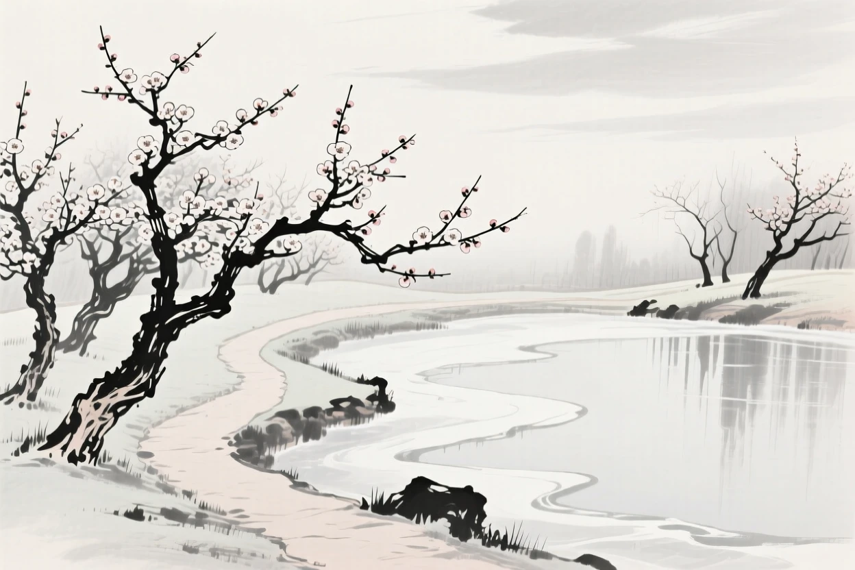 A grove of plum trees blossoms along a quiet garden path, beside a frozen pond reflecting the pale sky.