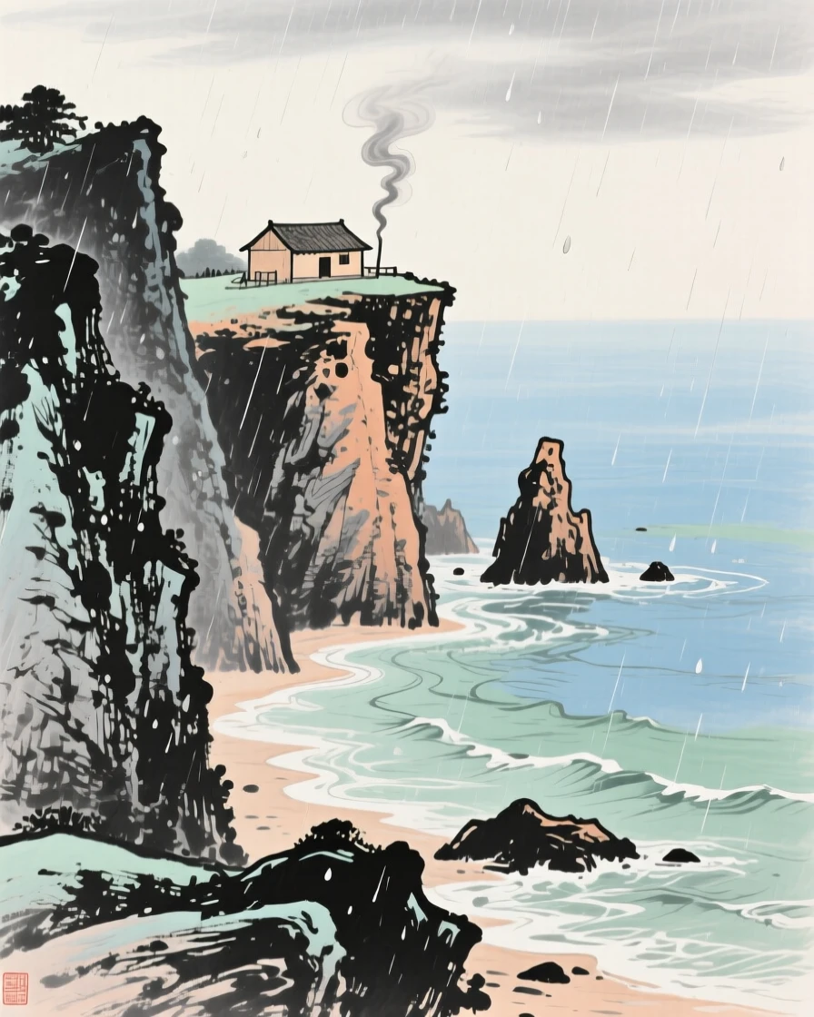 A rocky coastline where waves break gently against cliffs, with a thin trail of smoke rising from a distant hut, radiating gentle serenity, as summer rain begins to fall.