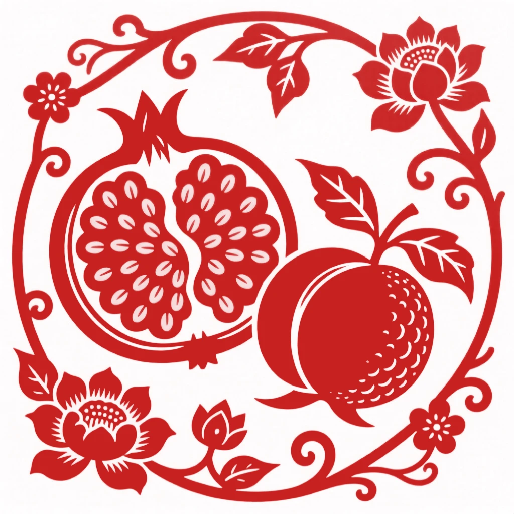 A pomegranate split open to reveal glowing seeds, arranged beside a peach and a citron, the three blessed fruits
