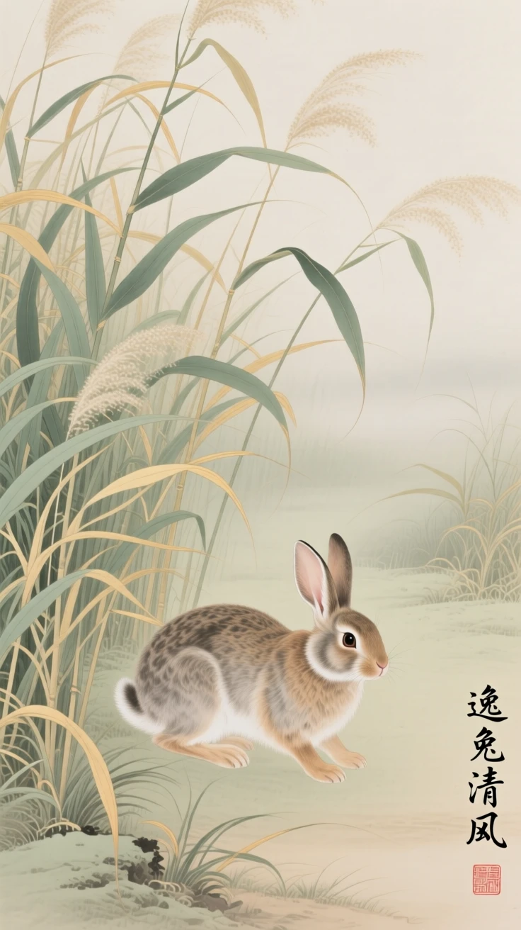 A rabbit wandering through a field of tall reeds