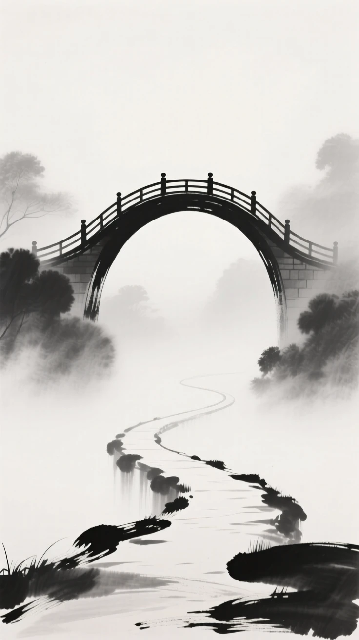 A curved arch bridge wrapped in early morning fog, framed symmetrically along a central path, evoking centuries of quiet history and devotion.