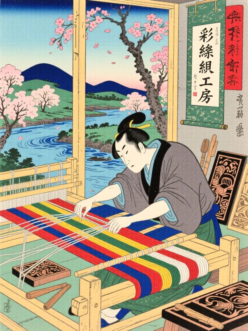 A woodblock carver weaving colorful threads into cloth.