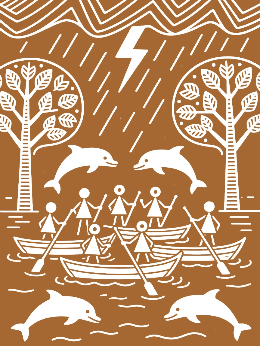 A group of fishermen's boats surrounded by dolphins sheltering under trees during a storm.