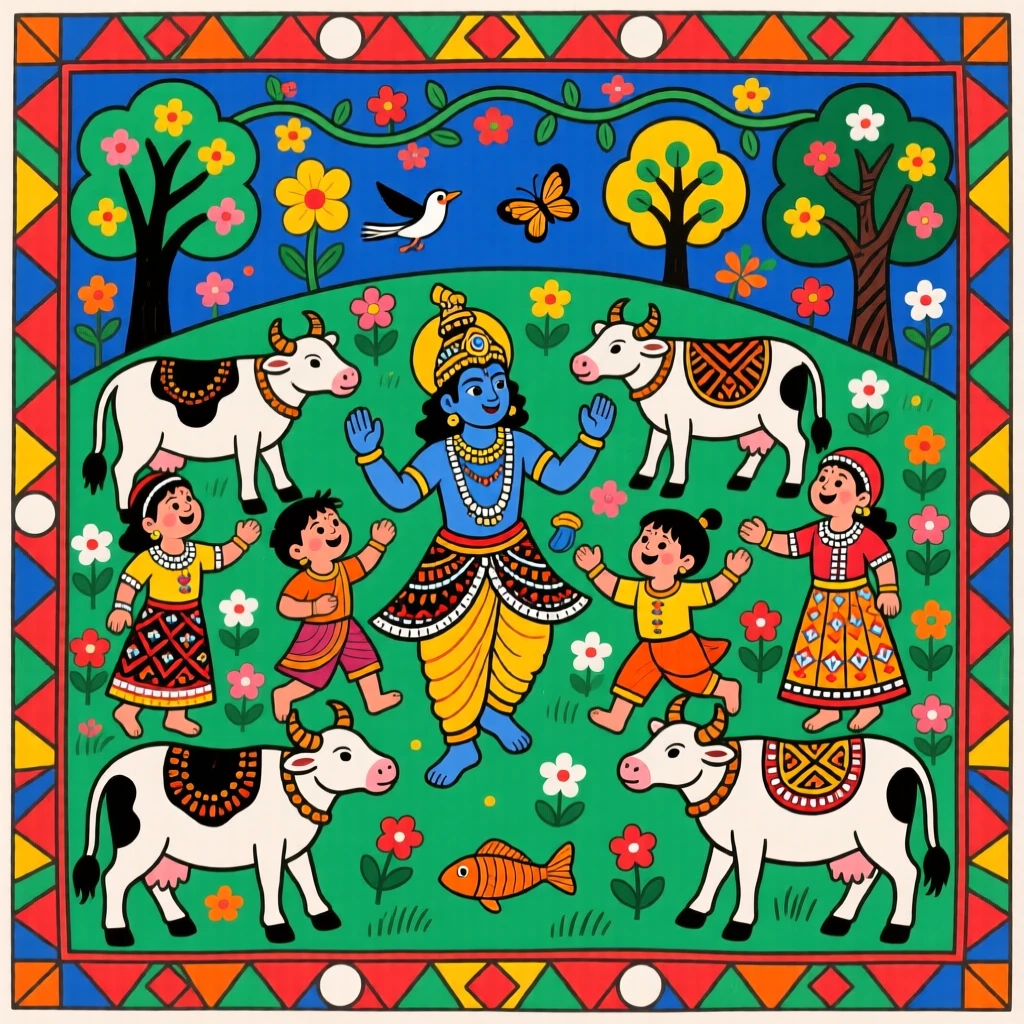 Krishna and his friends playing among a herd of gentle cows.
