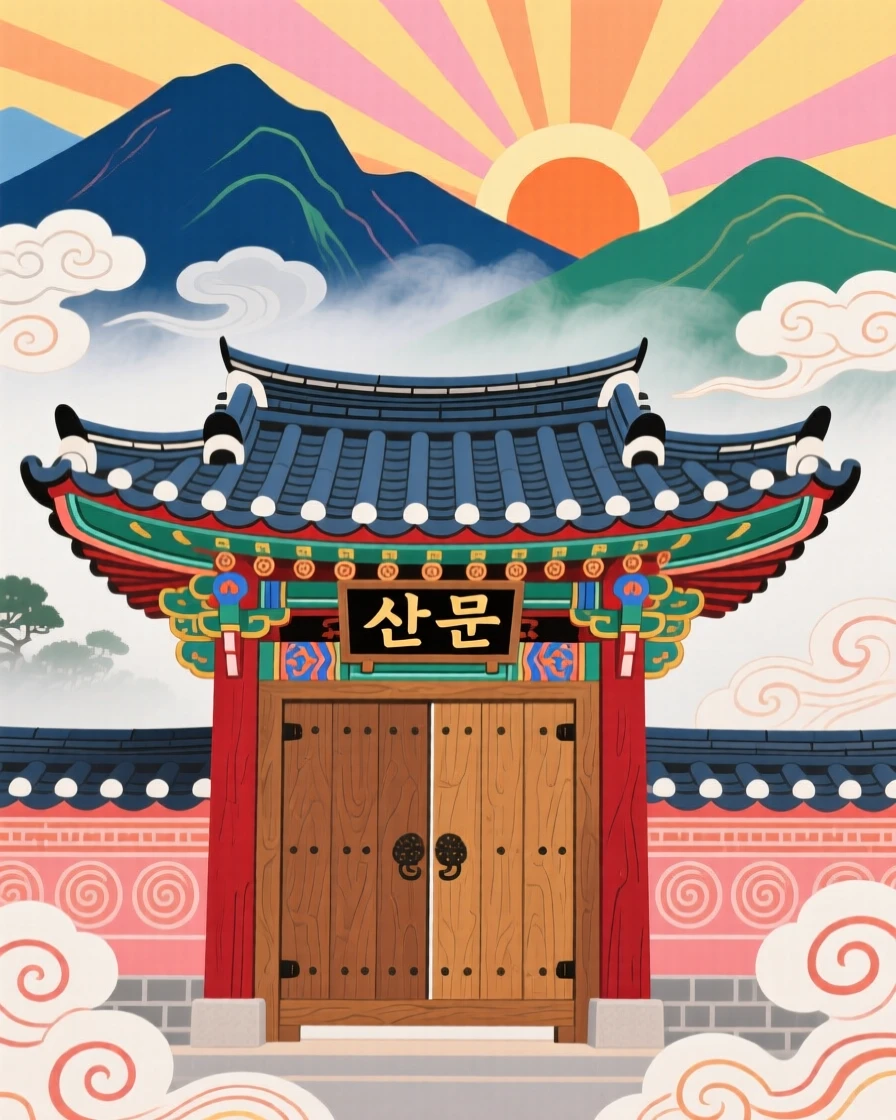 A mountain temple gate at sunrise with mist still clinging to the rooftops.