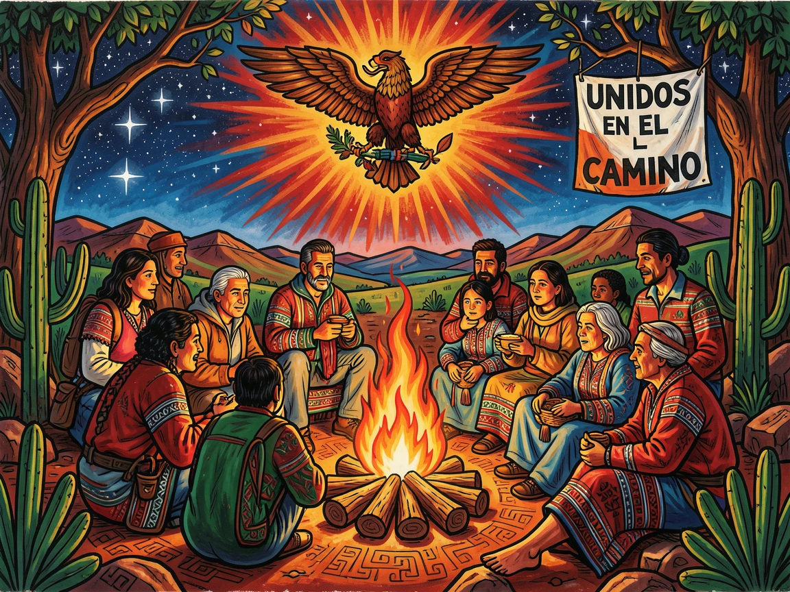 A group of travelers gathered around a campfire under the stars