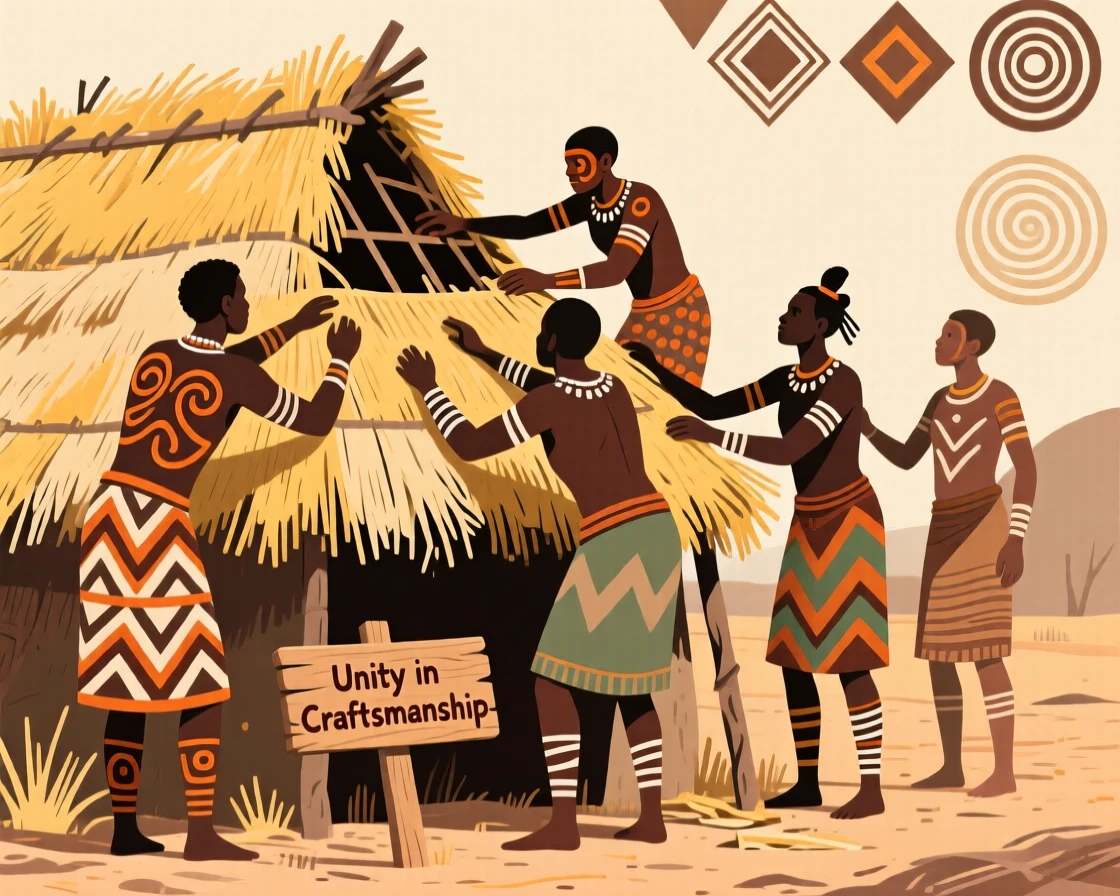Villagers repairing a thatched roof together on a warm and dusty afternoon.