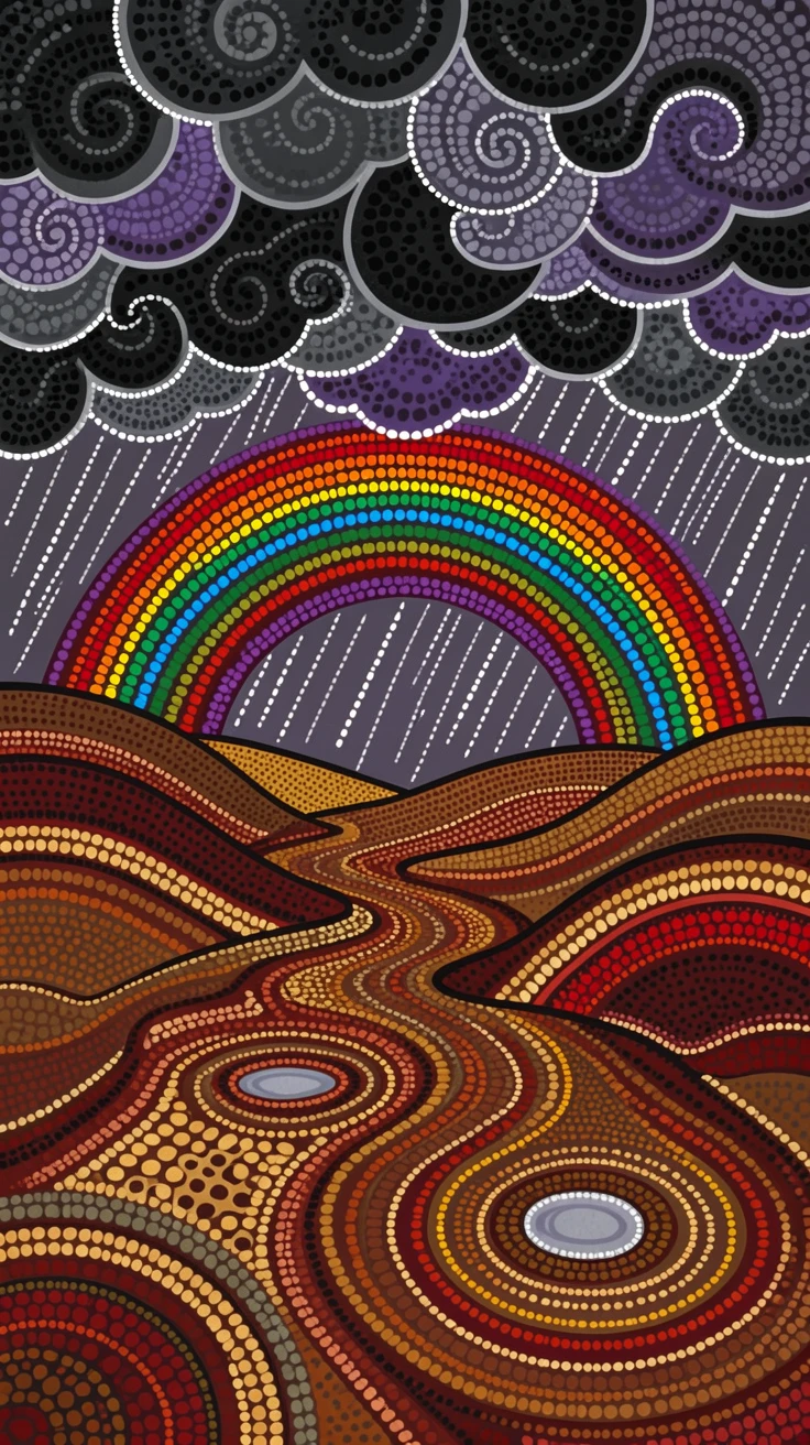 A rainbow-arched valley during a dramatic storm