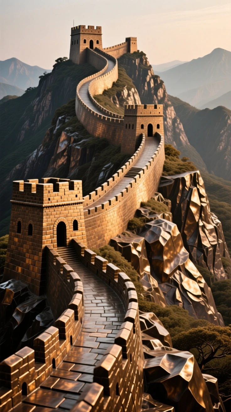 An ancient fortress wall winding along a mountain ridge, with a powerful sense of history and grandeur, exuding timeless grandeur