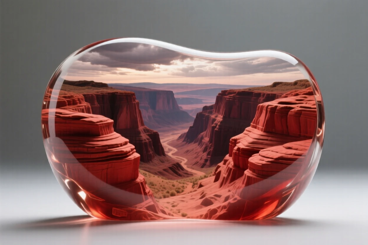 A canyon carved in layered red rock under a dramatic sky with shifting clouds, wide panoramic composition, feeling expansive and awe-inspiring.