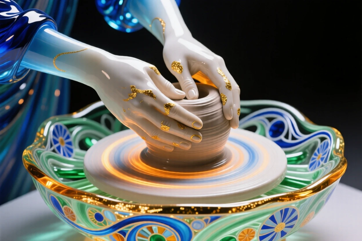 A pair of hands molding clay on a spinning pottery wheel, meditative and creative.