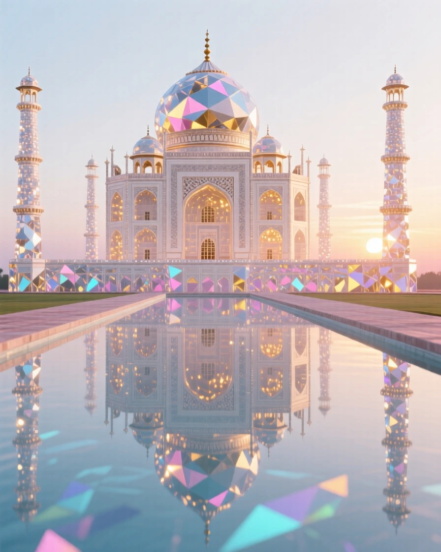 The Taj Mahal reflected perfectly in its long reflecting pool at sunrise.