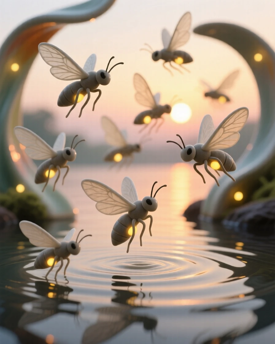 A swarm of fireflies glowing at dusk caught gliding low over calm water, framed by soft rays of morning sun, radiating delicate, fleeting beauty.