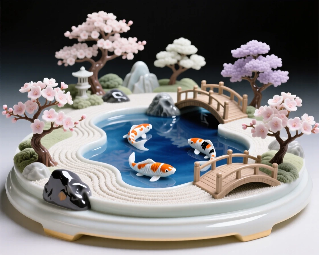 A sprawling Japanese zen garden in full bloom, centered around a tranquil koi pond.