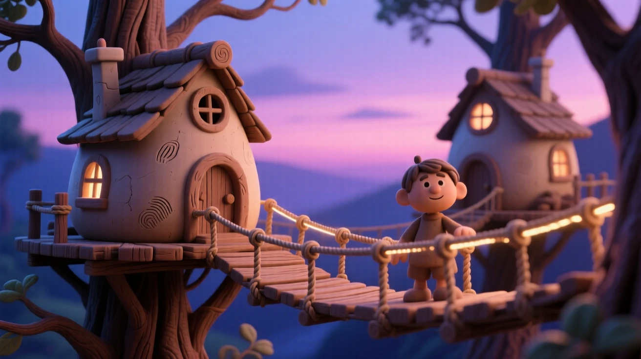 A tree house village connected by glowing rope bridges at dusk