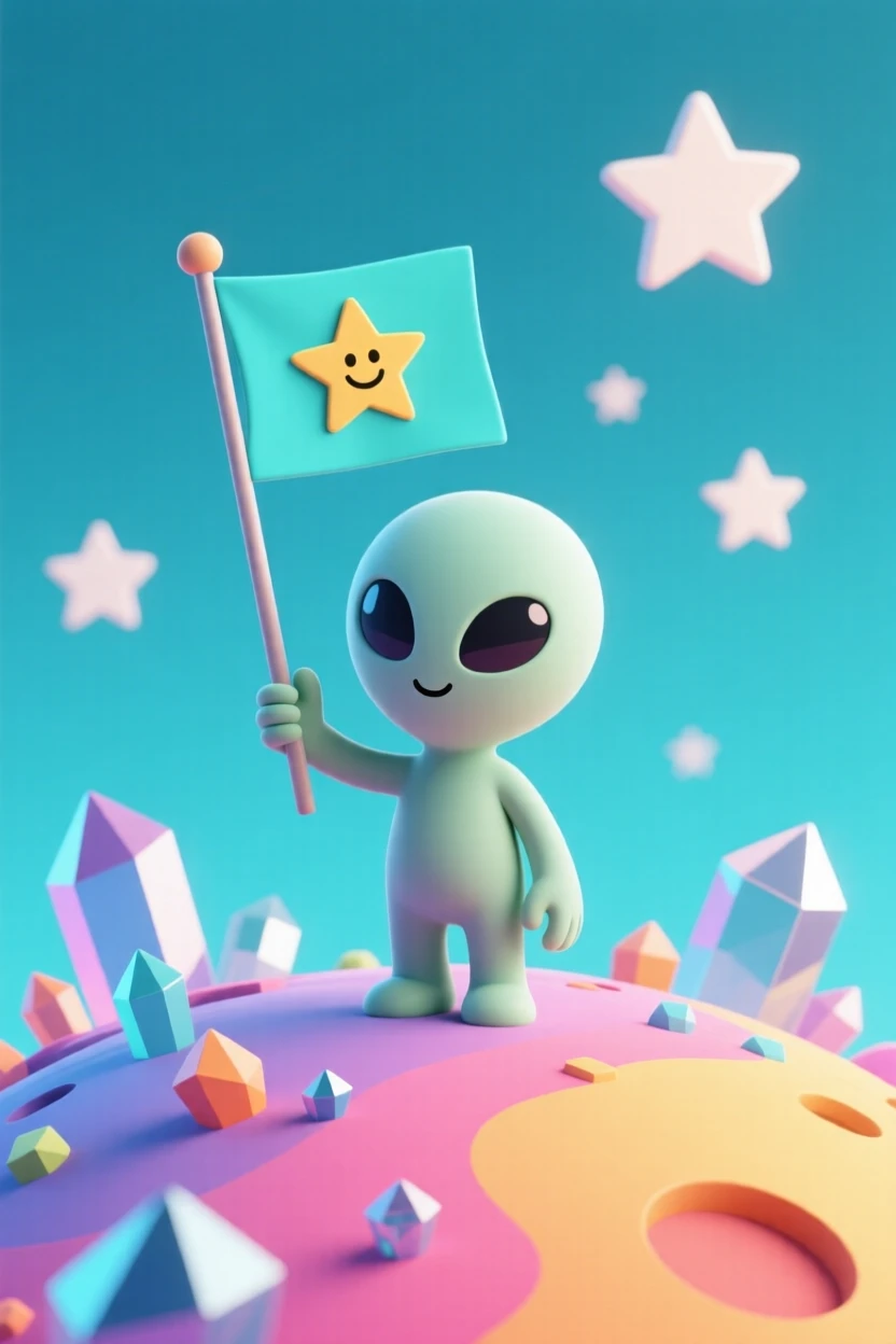 A tiny alien explorer plants a friendly flag on a colorful crystal-covered planet, waving at distant stars.
