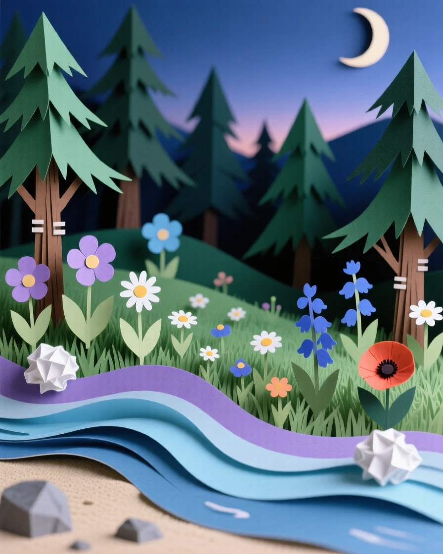 A wildflower meadow bordered by pine forest in the deep blue hour after dusk, with gentle waves lapping against the shoreline, capturing raw natural grandeur and scale.
