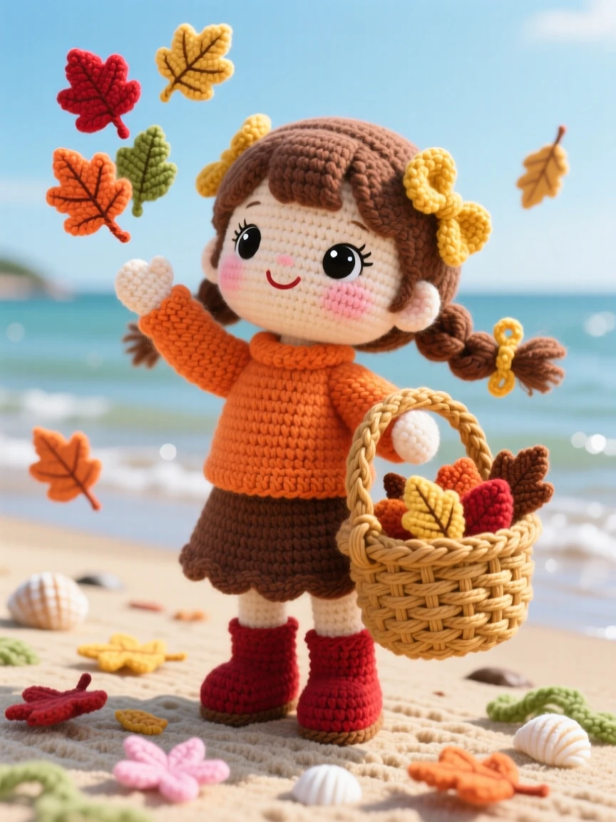 a little girl gathering autumn leaves, with a woven basket, tossing a handful of leaves into the air, set in a sun-drenched summer beach at low tide, with a scattering of fallen leaves or petals, full of festive excitement and shared celebration.