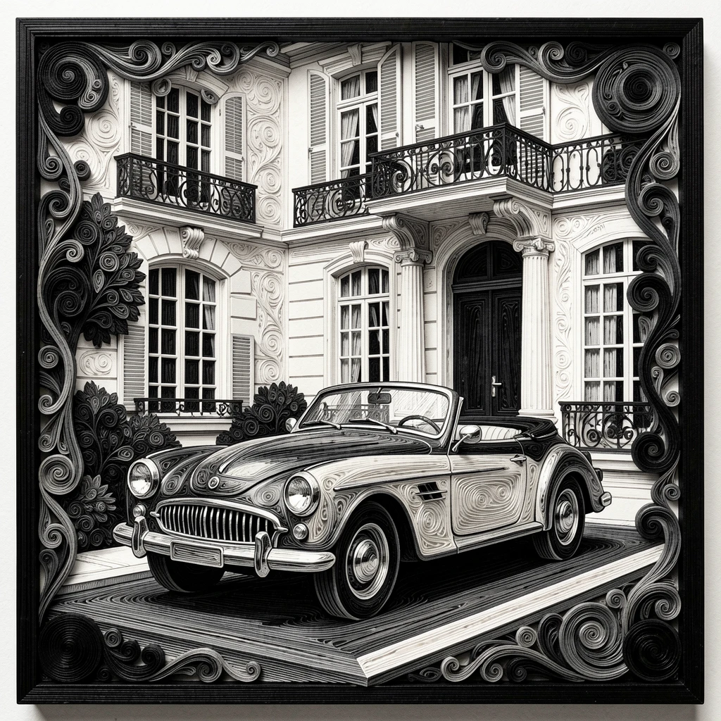 A sophisticated luxury scene of a vintage convertible parked outside a grand villa in a chic Parisian apartment, in classic monochrome black and white, framed with rich, deep shadows for contrast.