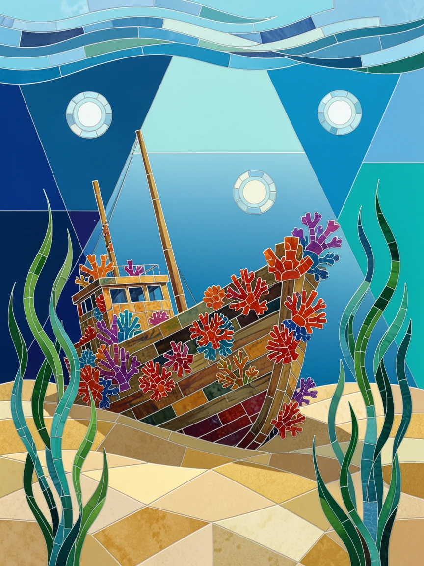 A sunken shipwreck covered in coral and swaying sea plants.