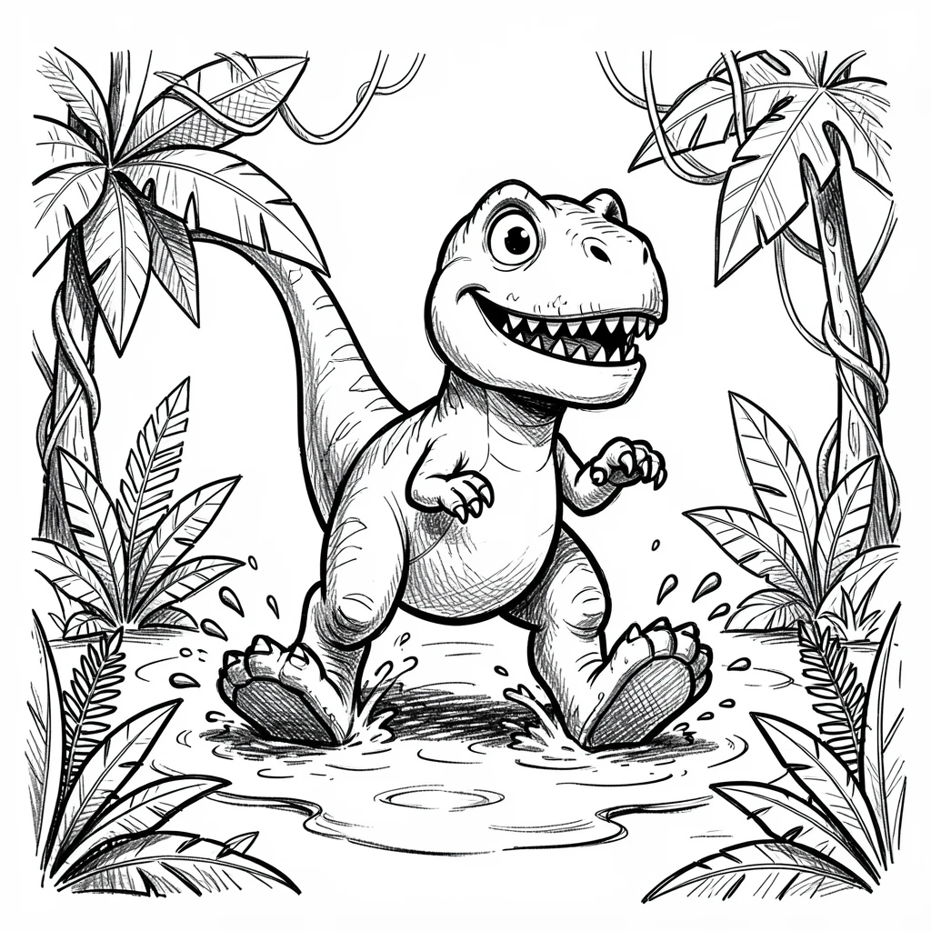 A dinosaur stomping happily through mud in a prehistoric jungle clearing.