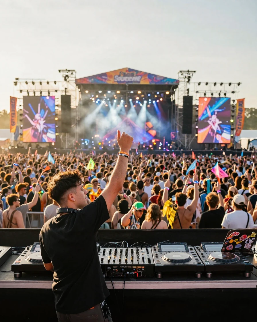 A DJ commanding a crowd at a massive music festival