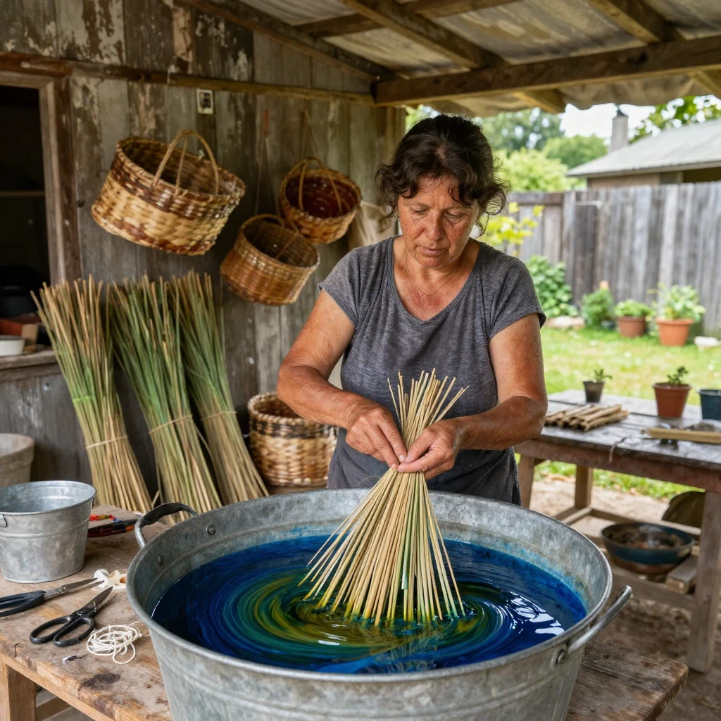A basket weaver dyes reeds in a large vat behind her workshop.
