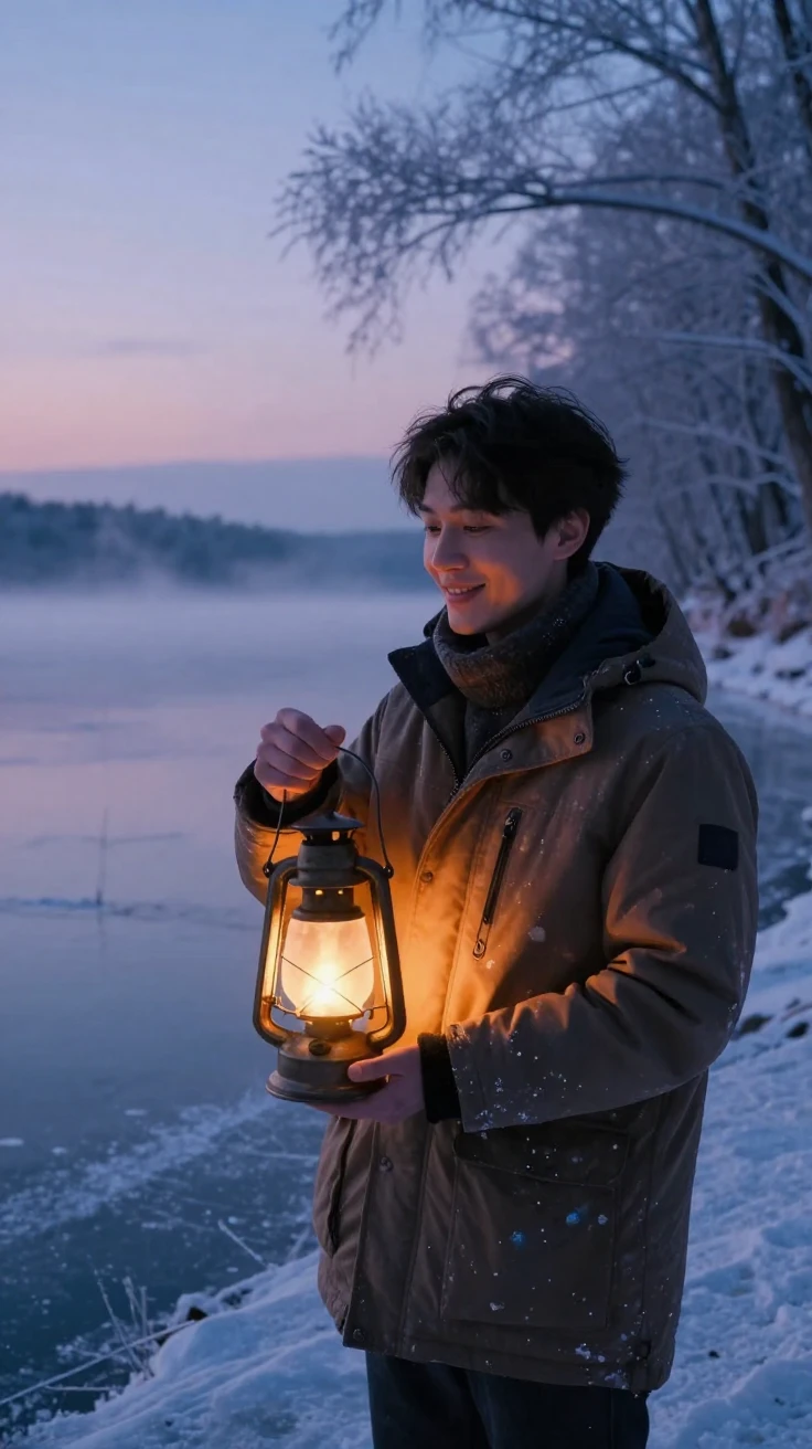 A newly married artist holding a lantern in the fading light beside a frozen lake in winter, a gentle smile crossing their face