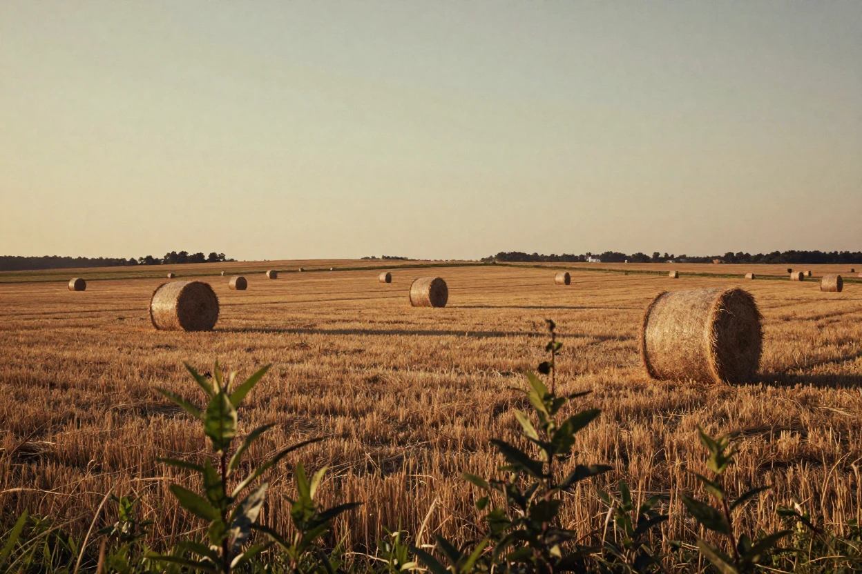 Hay bales scattered across a freshly harvested field, in the last light of dusk, with a soft breeze stirring the air, during the long days of summer, dominated by warm amber and rust tones, peering through foliage in the foreground.