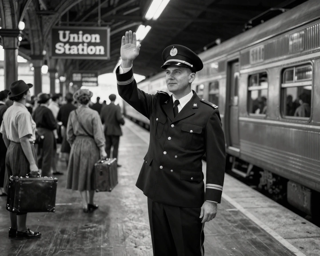 A train conductor waves the all-clear signal from the platform at a busy train station.