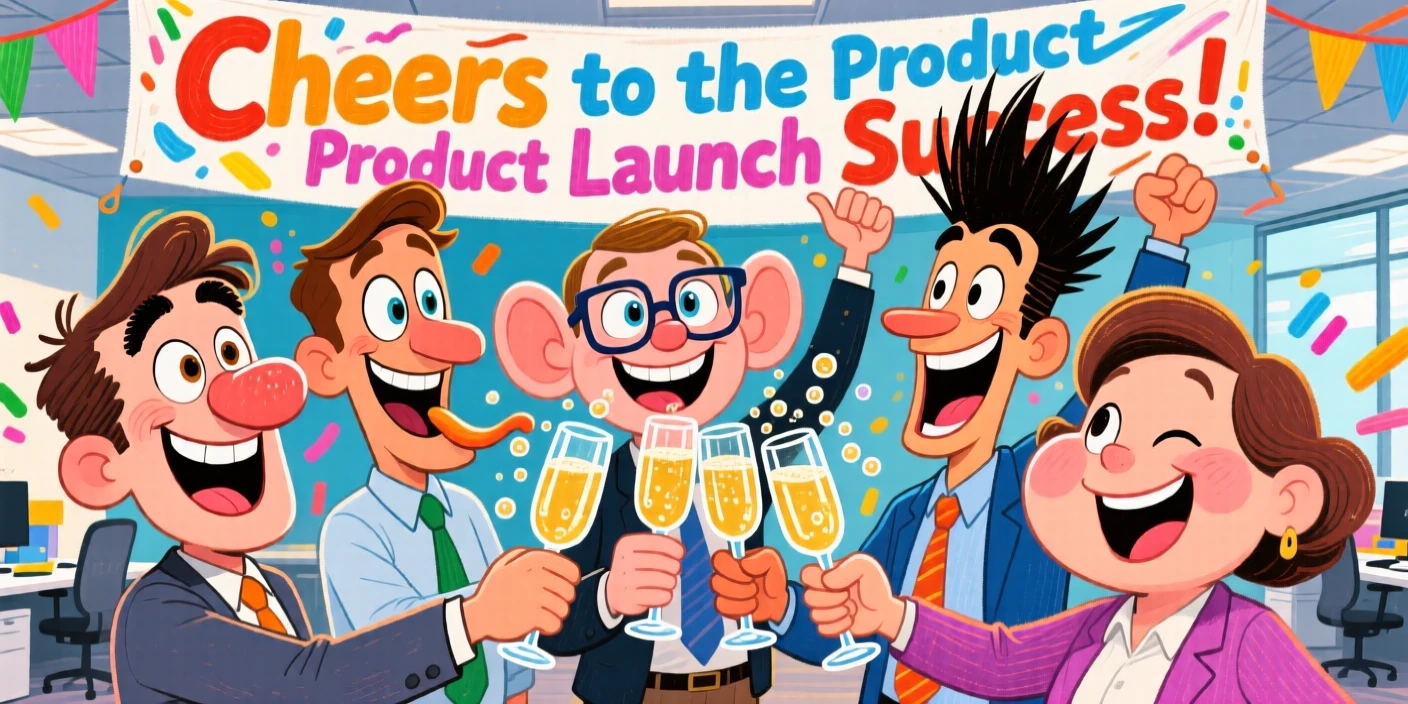A group of coworkers celebrating a successful product launch with a champagne toast.