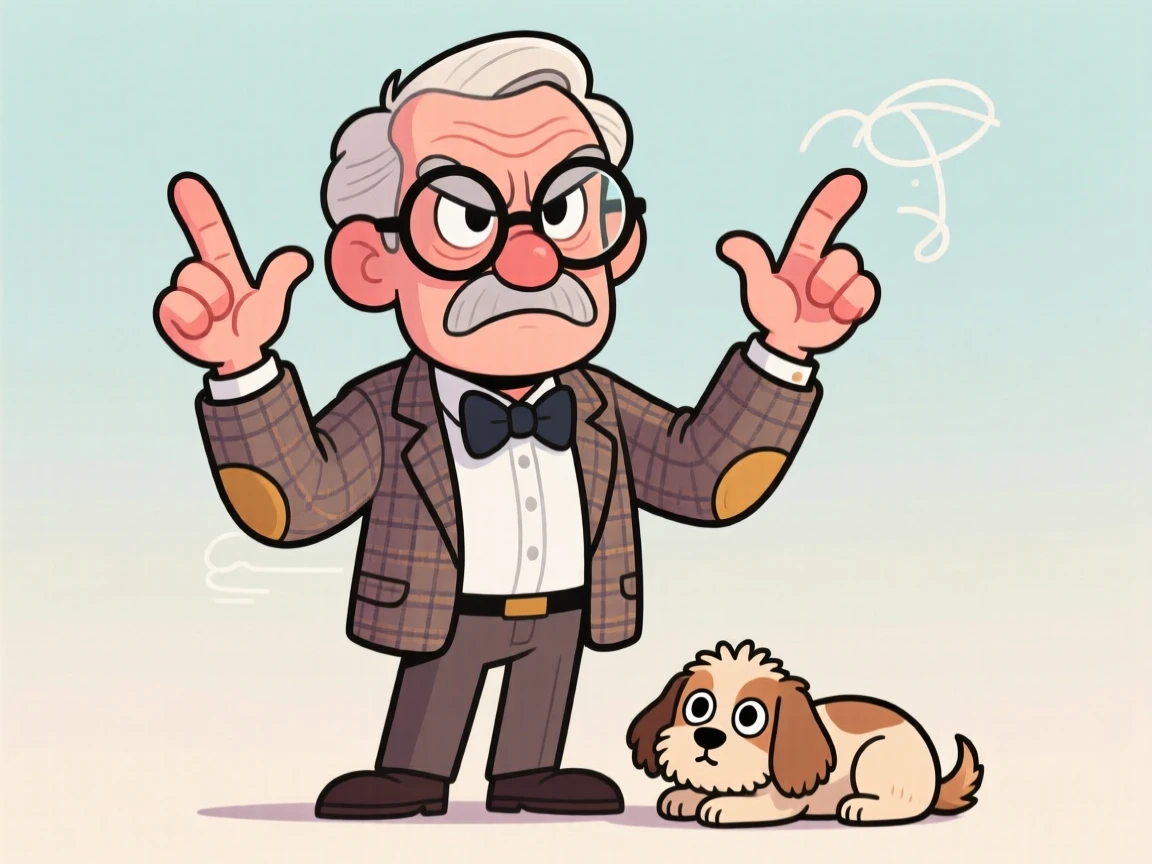 A charming portrait of a serious professor, gesturing dramatically with both hands raised, with a beloved pet curled at their feet.