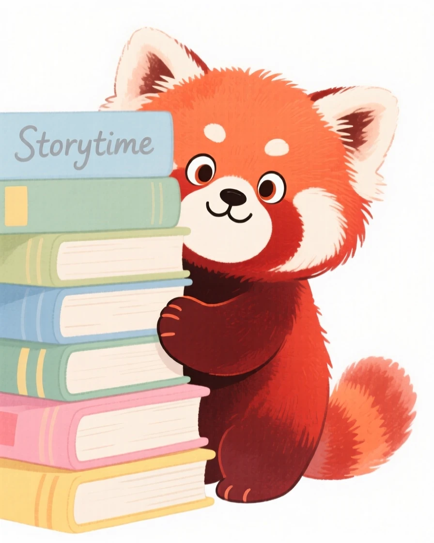 A red panda peeking out from behind a stack of books
