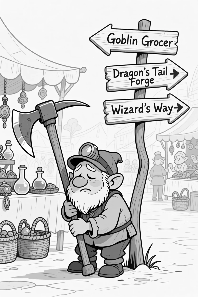 A sleepy dwarf miner leaning on an oversized pickaxe, poking its head out and grumbling about legroom, set in a bustling fantasy marketplace. A crooked signpost points in three different directions. The scene turns epic fantasy into pure charming comedy.