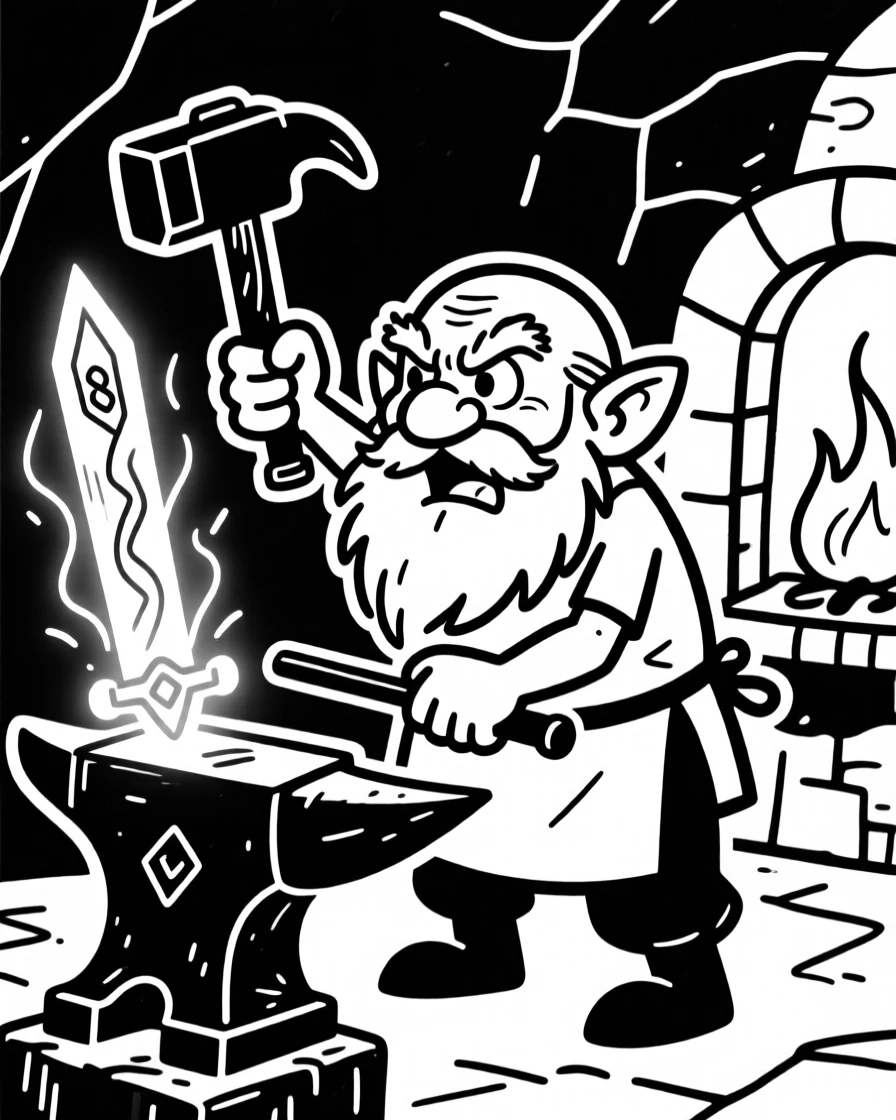 A dwarf blacksmith hammering a glowing magical sword in an underground forge.
