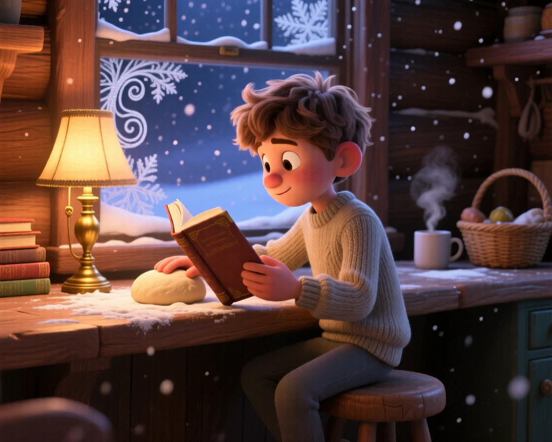A teenage boy reading by lamplight sits inside a cabin during a snowstorm, kneading dough on a floured counter. A gentle nostalgia and calm settle over the scene, with frost patterns tracing the windowpane.