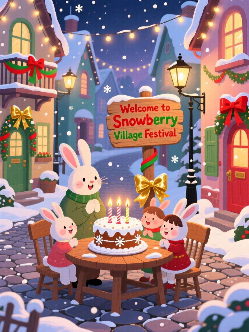 In a festive village street, a family of snow rabbits celebrate together by making a wish while blowing out birthday candles, while ribbons and bows decorate every corner.