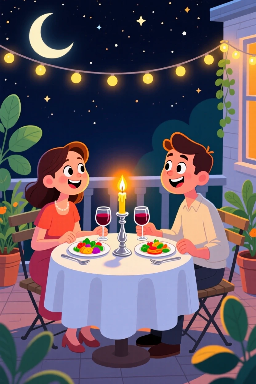 An anniversary dinner lit by candlelight on a quiet terrace.