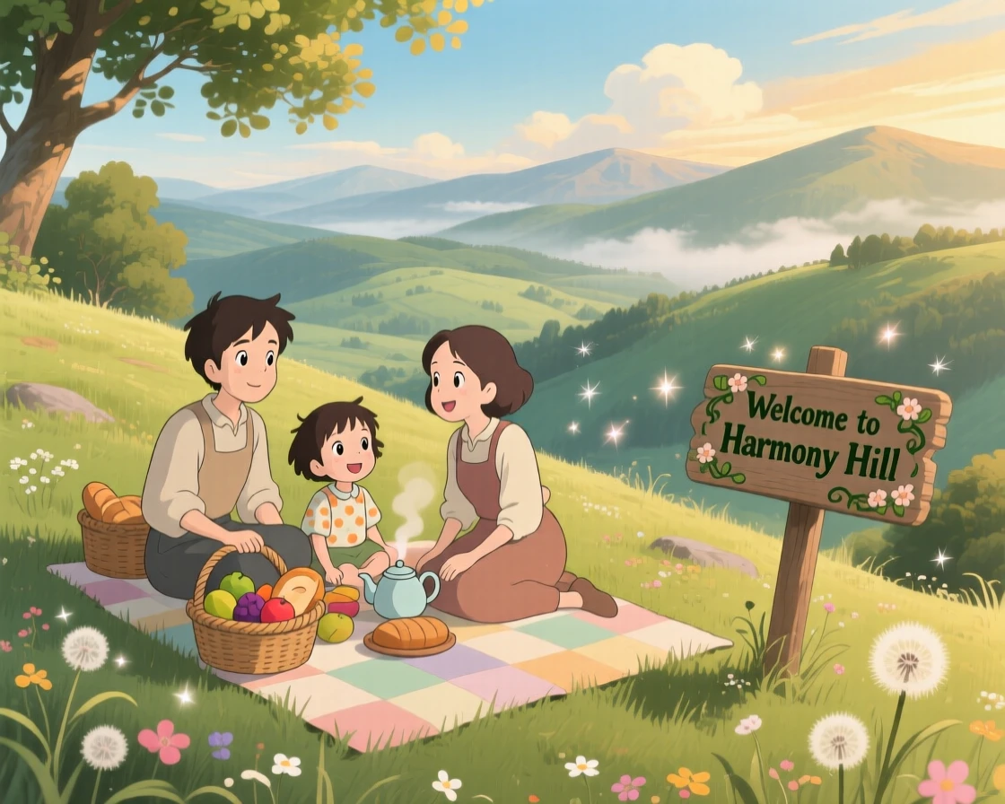 A family having a picnic on a hillside overlooking the valley, the scene peacefully content.