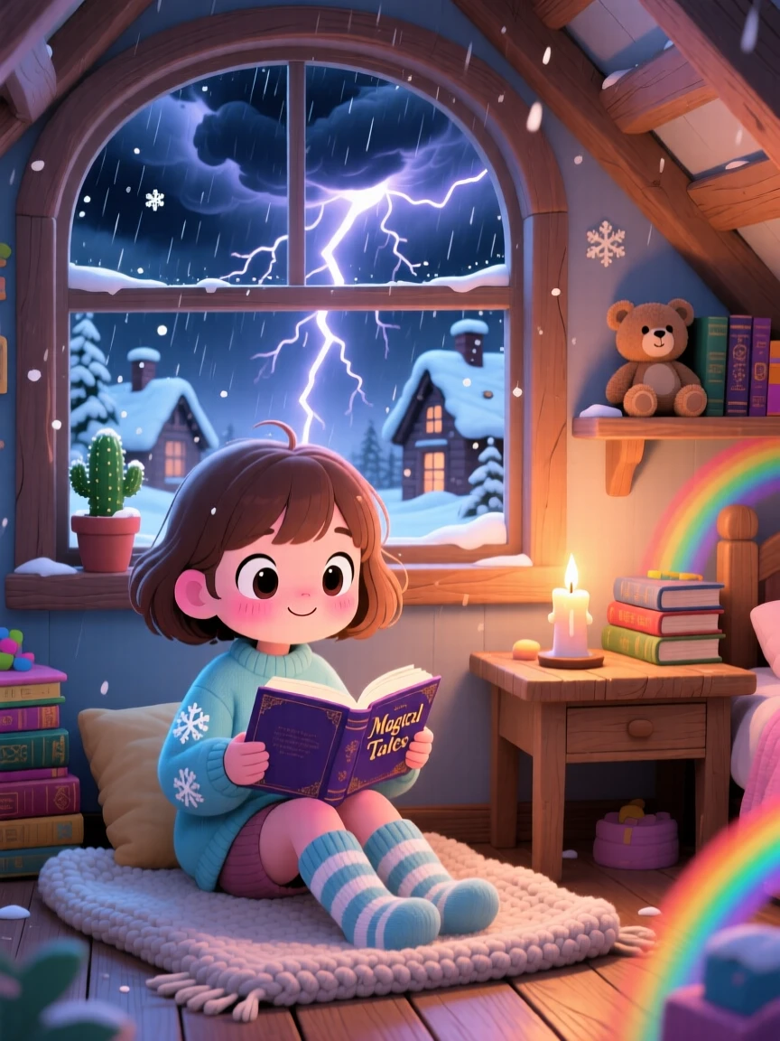 A young girl reading by candlelight during a thunderstorm, framed as a framed through a window within a snug attic bedroom, during a cozy winter snowfall, glowing under bright rainbow-tinted light, evoking curious excitement.