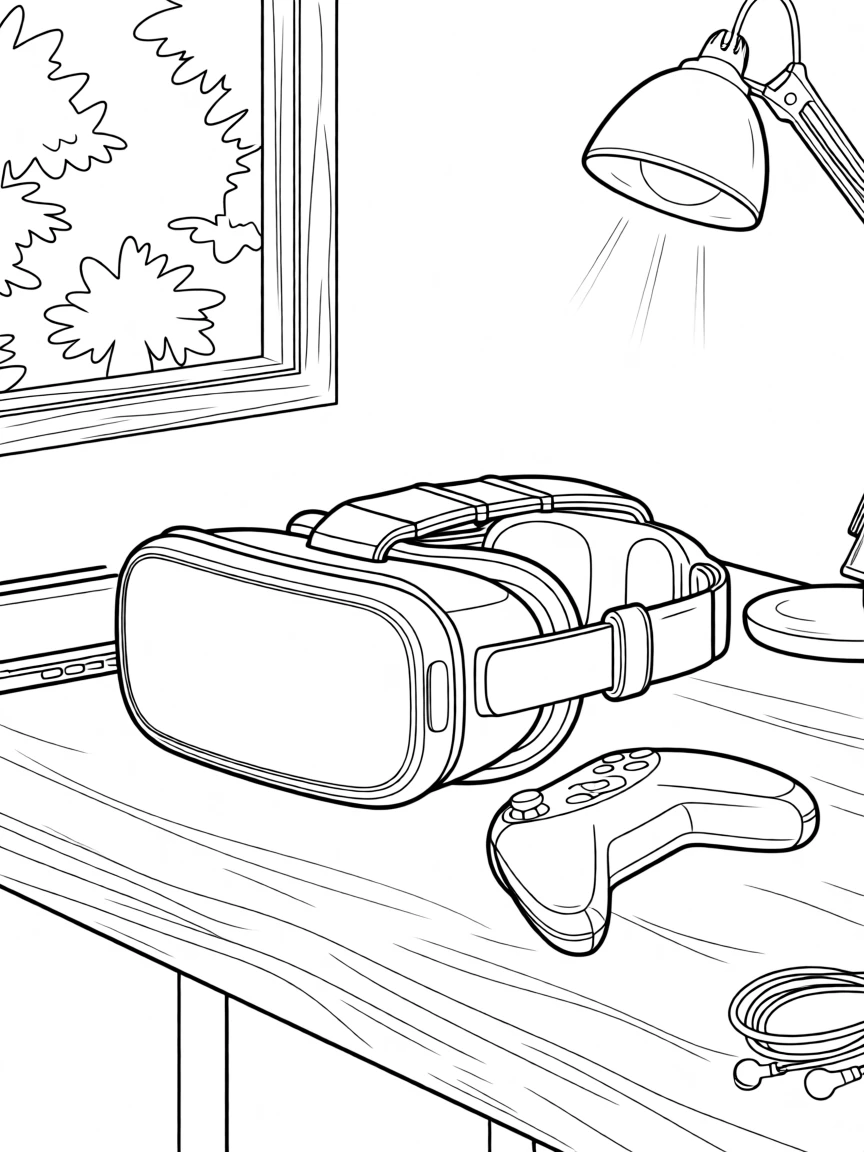 A VR headset resting beside a controller on a desk, with soft ambient lighting filling the room.