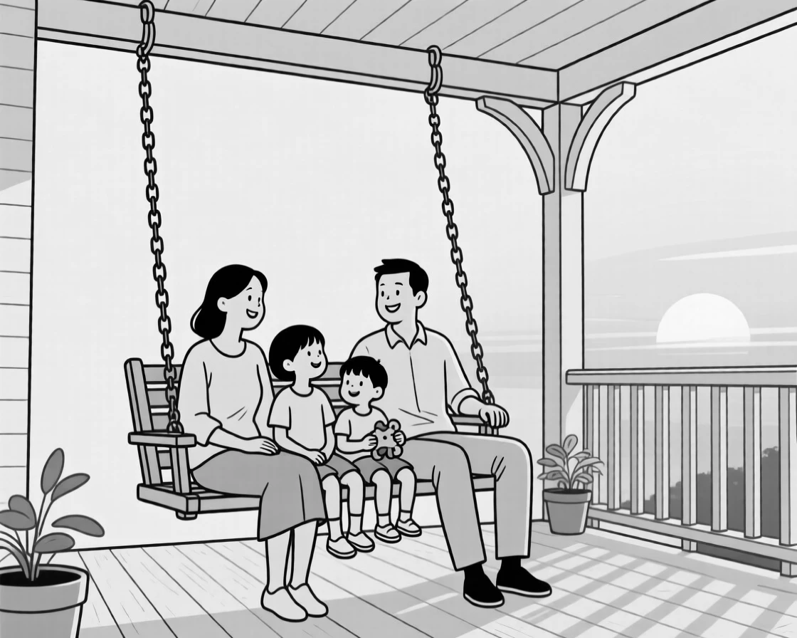 A family gathered on a porch swing at sunset