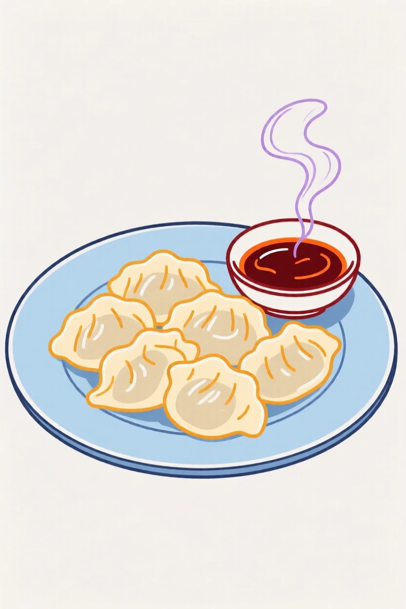 A plate of homemade dumplings with dipping sauce.