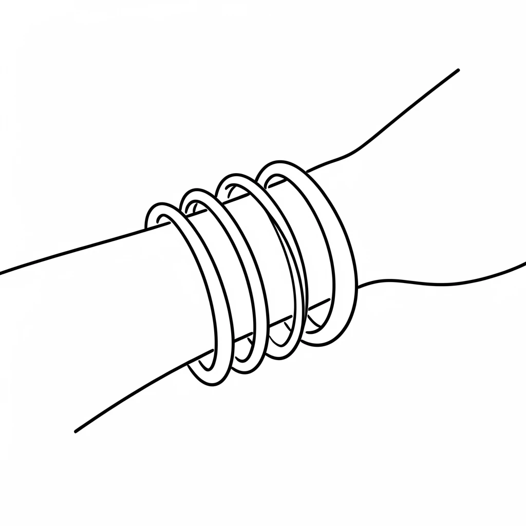 A row of colorful bangles stacked on a wrist against a plain backdrop