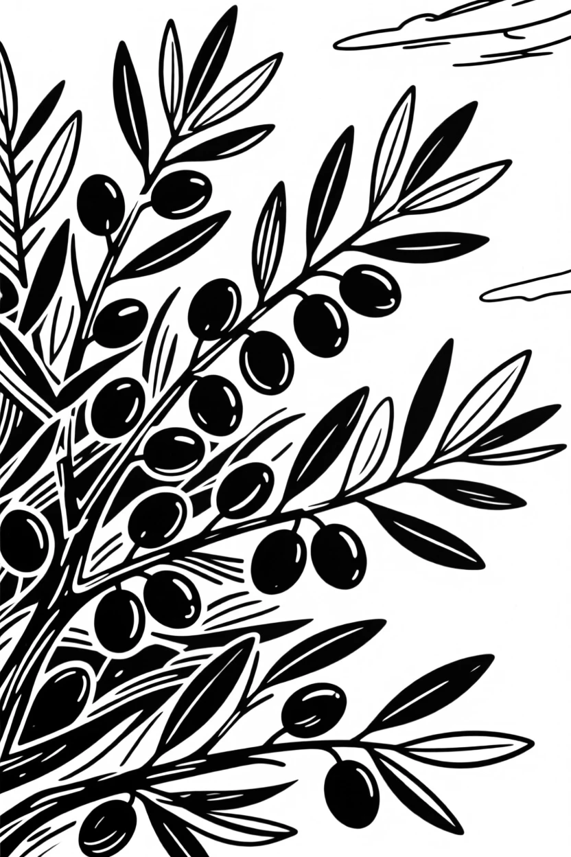 A cluster of olive branches heavy with fruit under a Mediterranean sky.