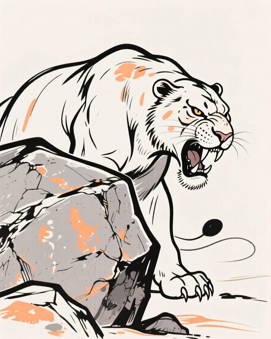 A Smilodon crouched behind a boulder stalking its prey.