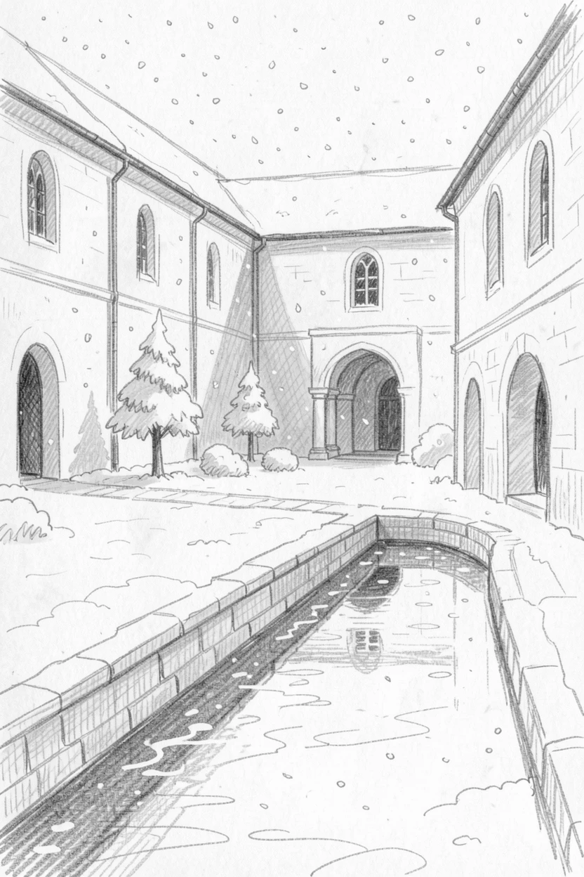 A stunning view of a quiet monastery courtyard in gentle falling snow, with reflections shimmering in a nearby canal.